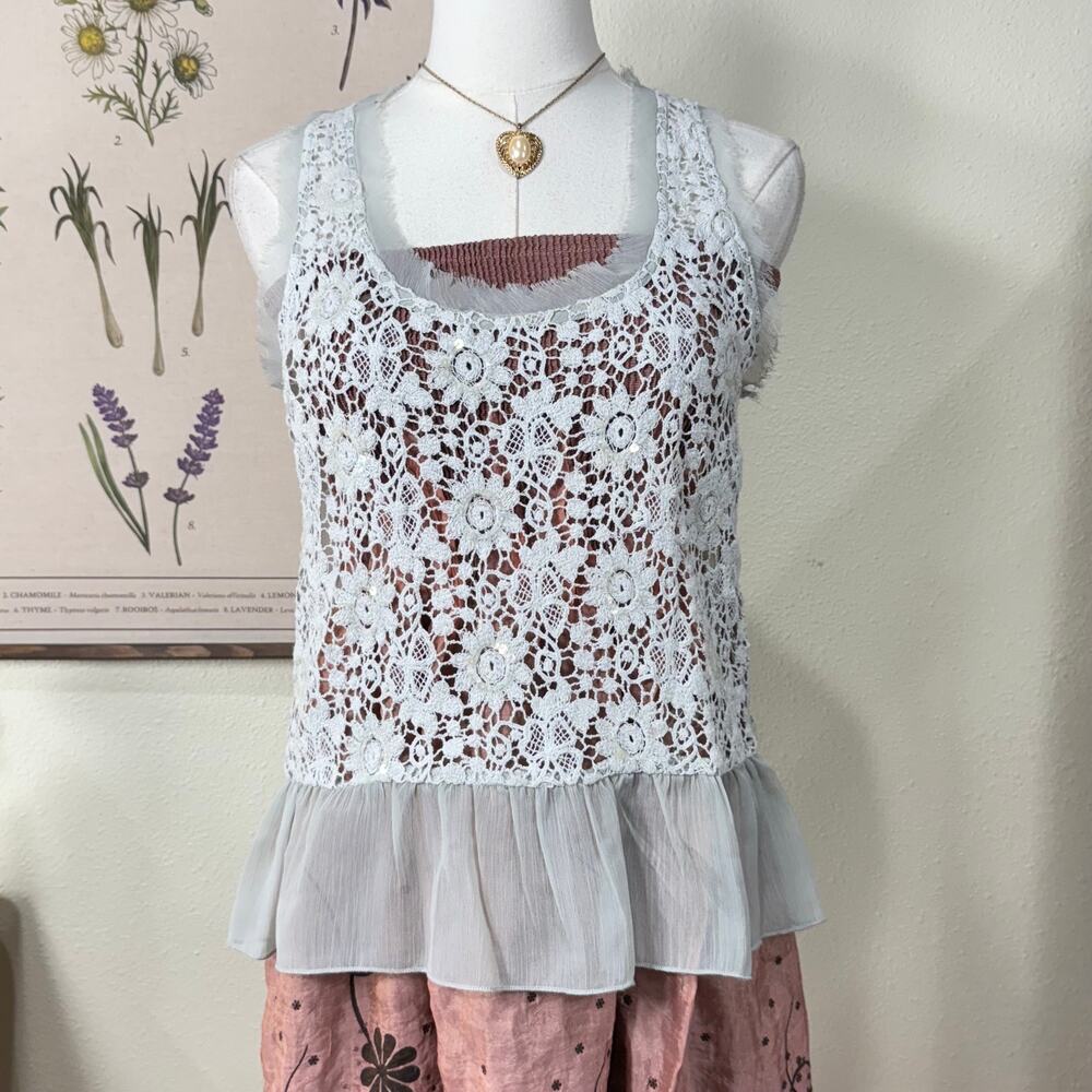 Y2k Sheer Floral Lace Ruffle Tank Top Dollette Gloomy Coquette Mori Kei Fairy XS